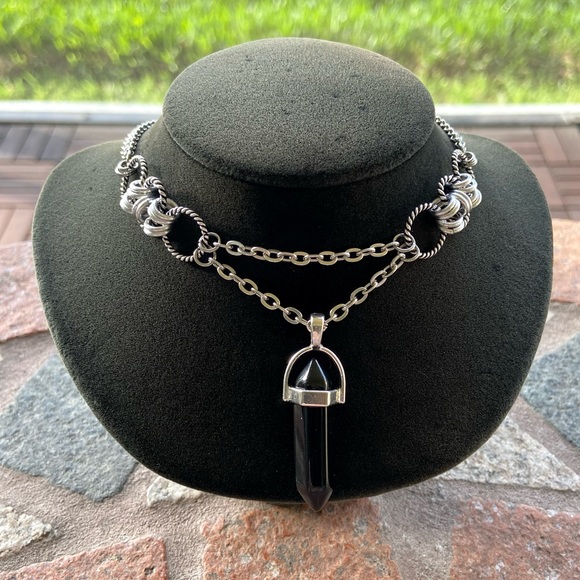 Handmade maille choker & Black obsidian bullet charm boho necklace - Picture 13 of 15